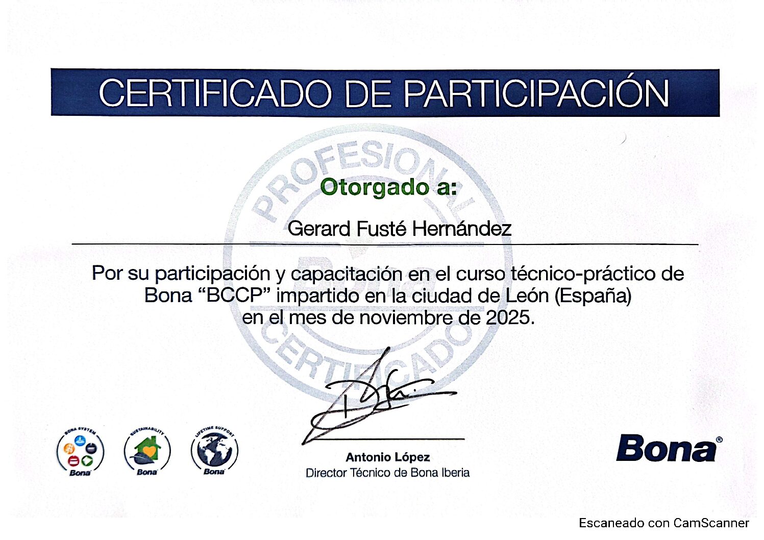 Certificado Profesional Bona BCCP de Gerard Fusté