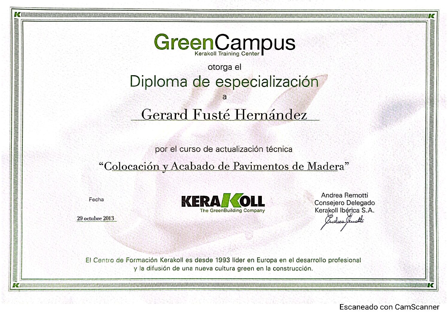 Diploma Green Campus Kerakoll de Gerard Fusté