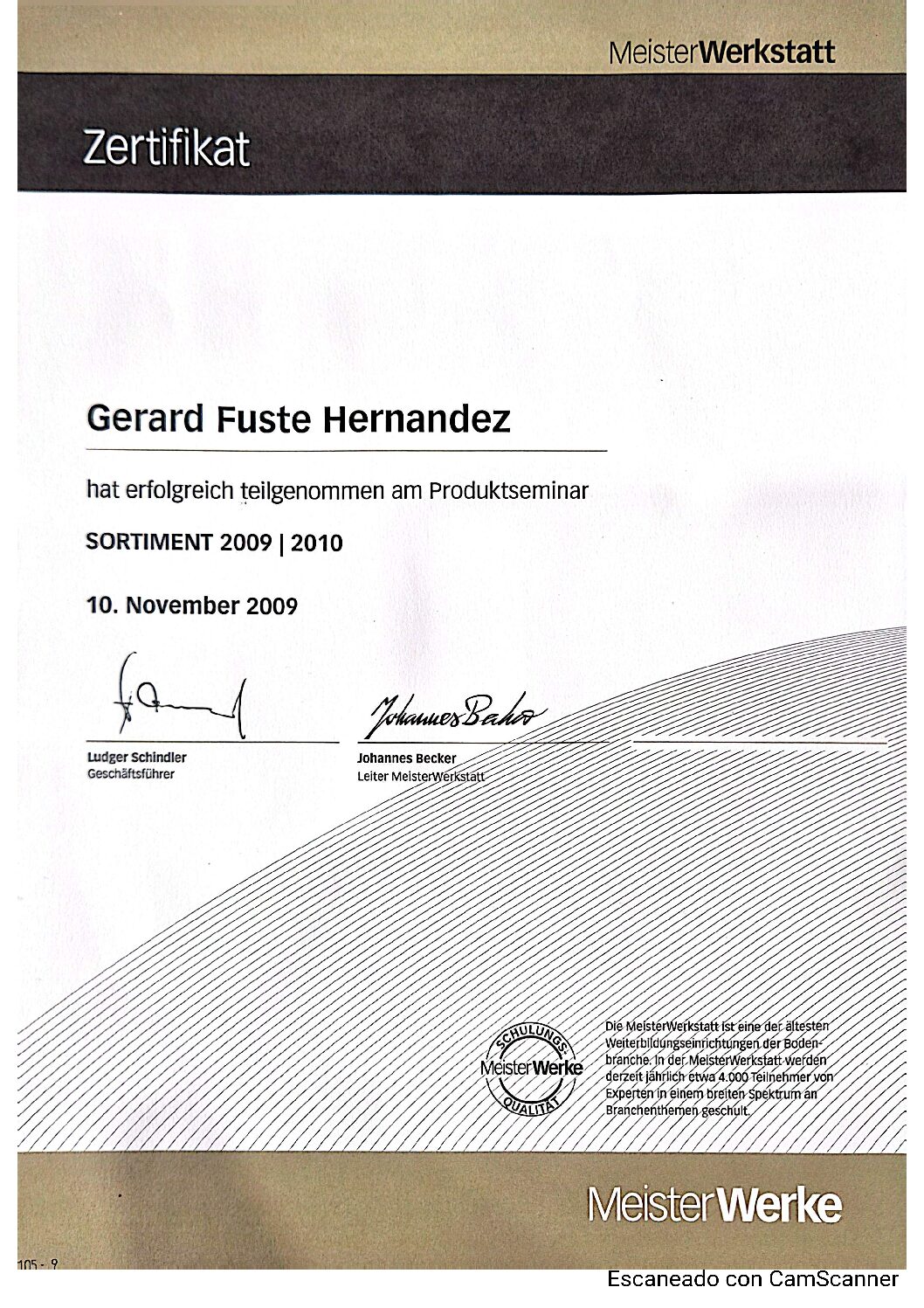 Zertifikat MeisterWerke de Gerard Fusté